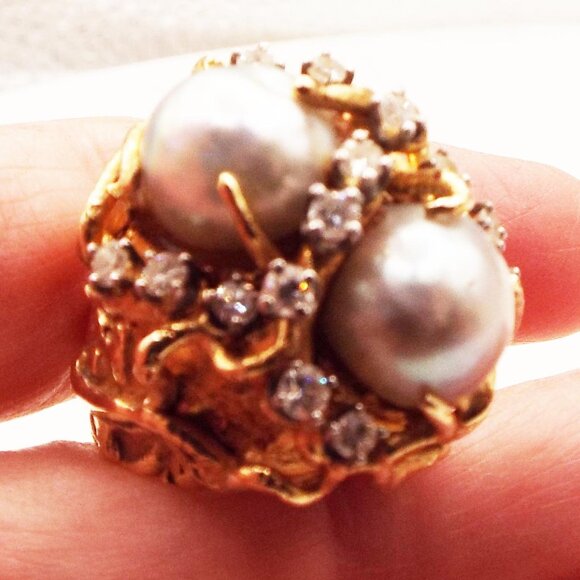 OCEAN 14K GOLD 32 GR., W/ 2 -12 MM GREY MOBE PEARLS & .34 TW DIAMONDS SZ. 4 RING - Picture 10 of 10